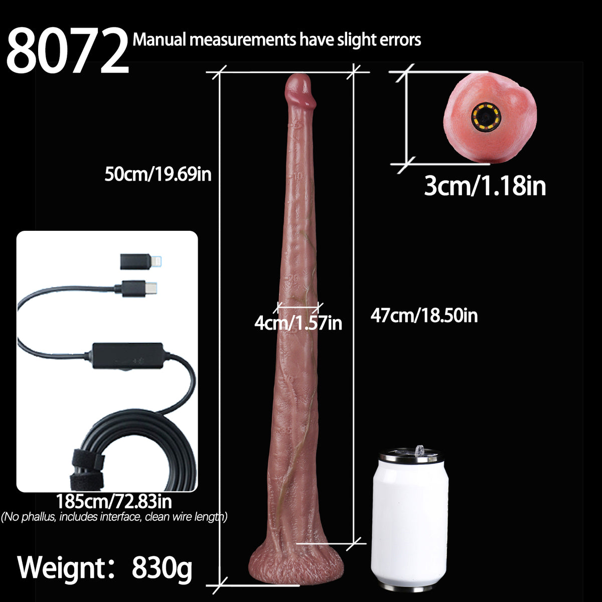 Whip-Flexible Long Dildo, Live Inside — Pale Skin Endoscope Camera Shaft with Sculpted Suction Base in Platinum Silicone