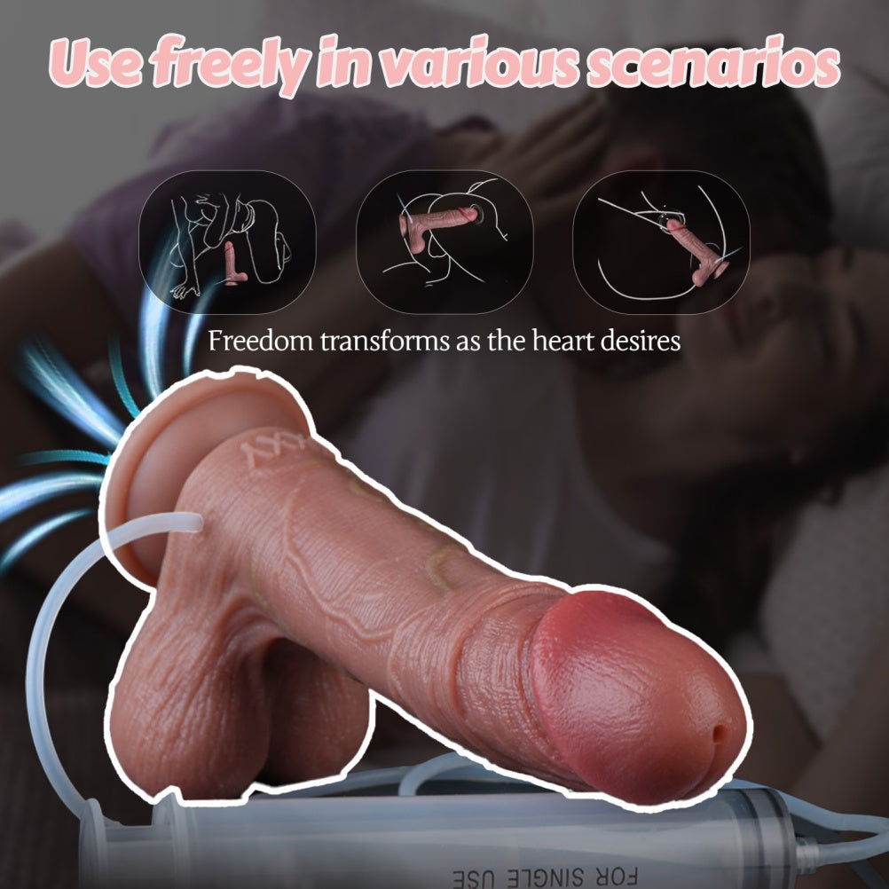 Realistischer, zweilagiger Spritzdildo mit Hautgleitfunktion und Saugnapf – Ejakulations-Strap-On-Erlebnis
