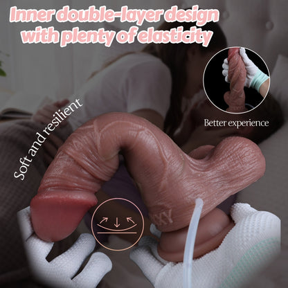 Realistischer, zweilagiger Spritzdildo mit Hautgleitfunktion und Saugnapf – Ejakulations-Strap-On-Erlebnis