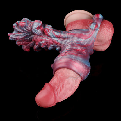 Anneau pénien et gode extraterrestre fantaisie — Extenseur pénien 2-en-1 en silicone platine pour couples