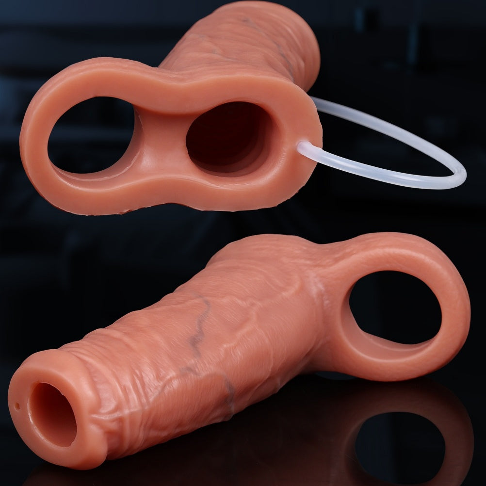 Realistischer, fleischfarbener Penis-Sleeve aus Silikon mit Ejakulationsfunktion – Desensibilisierendes und verzögerndes Sexspielzeug für Männer