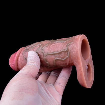 Realistic Cock Sleeve Cockring Enlarger Sex Toys for Men - Life Size Penis Hollow Sheath Extender