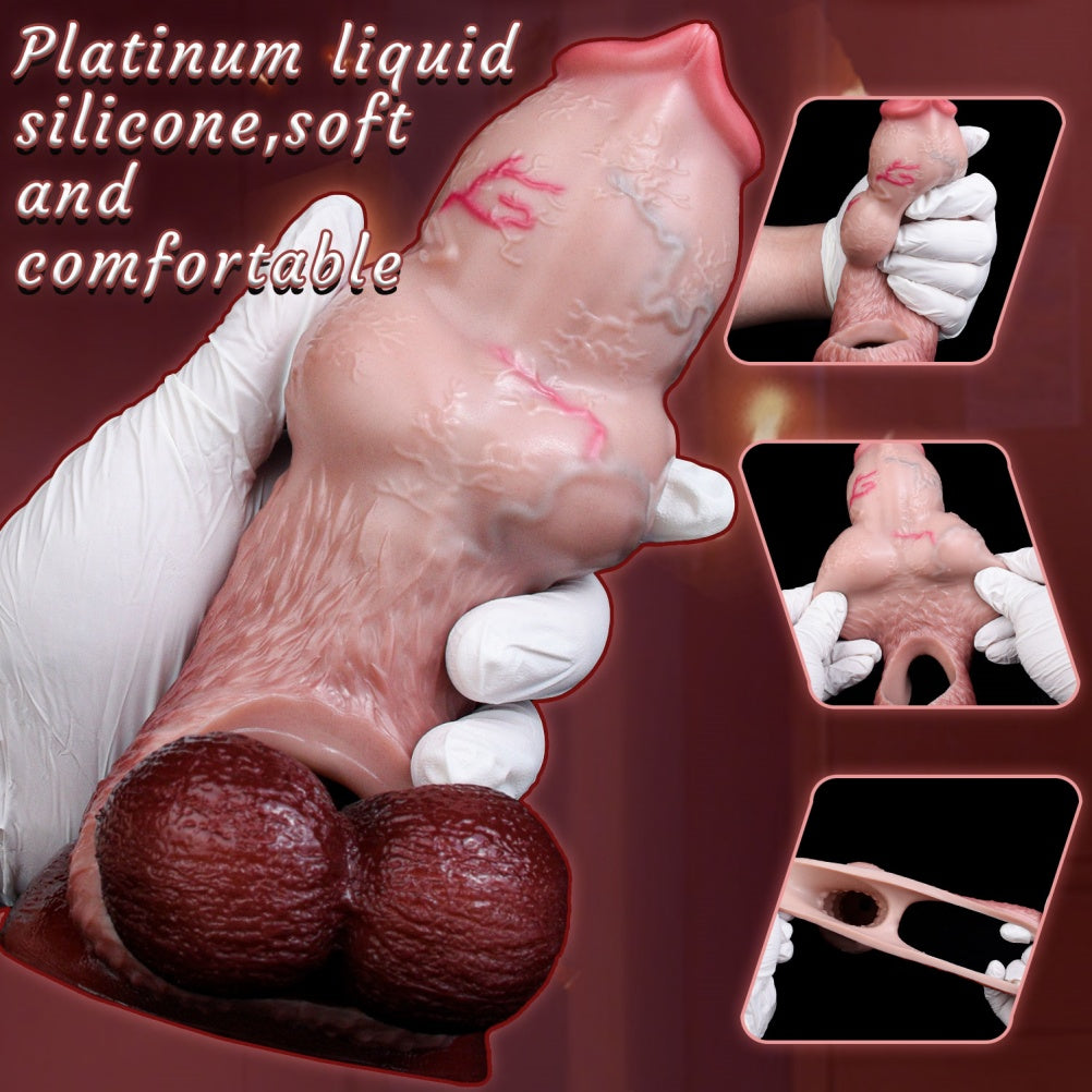 Fantasy Dog Knot Silicone Cock Sleeve – Fleshy Penis Extender with Testicle Lock Ring & Delay Function