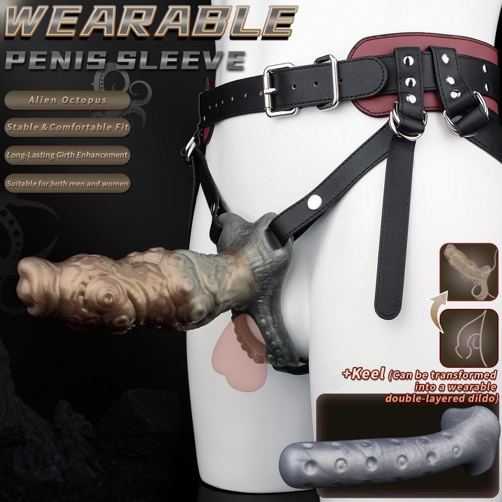 Alien Tentacle Silicone Penis Extender & Masturbation Sleeve-Leather Strap-On Sex Toys for Men & Women