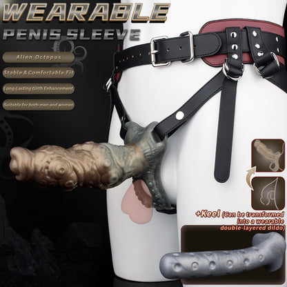 Alien Tentacle Silicone Penis Extender & Masturbation Sleeve-Leather Strap-On Sex Toys for Men & Women