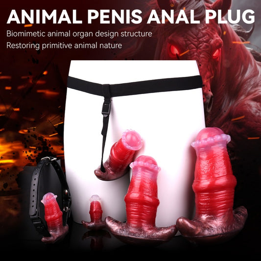 Strap-On Fantasy Anal Dildo Butt Plug Fesselset – Tierisches blutrotes Silikon Sexspielzeug für tiefe Penetration