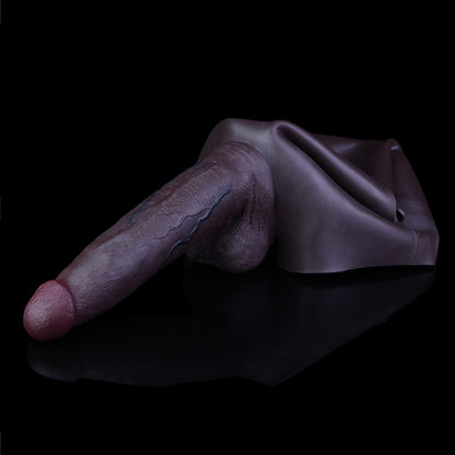 Dark Skin Strap-On Dildo with Balls & Black Custom Briefs — Full-Anatomy Platinum Silicone Wearable Penis for ED & Size Enhancement