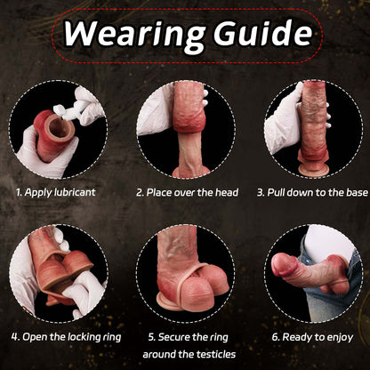 Muscle-Flex Realistic Silicone Cock Sleeve with Dual-Channel Stim & Locking Ring — Bigger, Thicker, Longer for Him