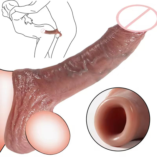 Realistic Cock Sleeve Male Sex Toys - Silicone Lifelike Penis Extender Trainer Couple Game
