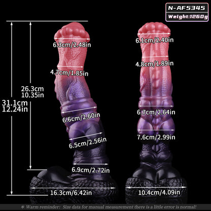 Dildo pour cheval double couche Coral Dusk : Dildo fantastique en silicone en forme d'étalon avec base ventouse