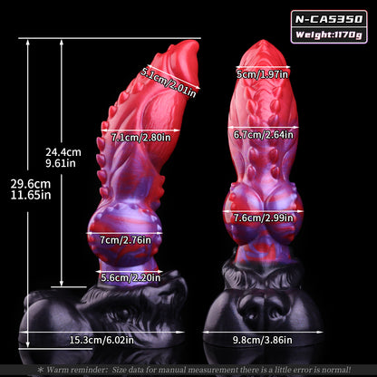 Crimson Beast — Fantasy Dog Dildo in Platinum Silicone, Red-Purple Marble, Barbed Shaft, Knot & Suction Base