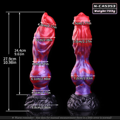 Scarlet Fang — Fantasy Dog Dildo in Platinum Silicone, Crimson-Violet Cloud Marble, Four-Nub Glans & Fur-Textured Suction Base