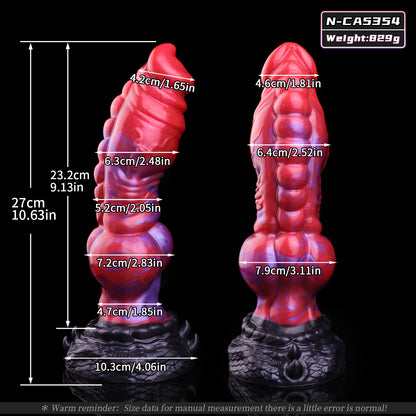 Crimson Coil — Fantasy Dog Dildo in Platinum Silicone, Red-Violet Pearl Marble, Segmented Glans, Ball-Row Shaft & Scale-Carved Suction Base