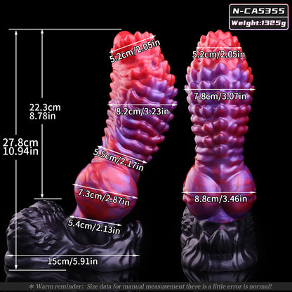 Void Spine — Full-Coverage Textured Fantasy Dog Dildo in Platinum Silicone, Purple-Crimson Pearl Marble, Ringed Spine Shaft & Testicle Suction Base