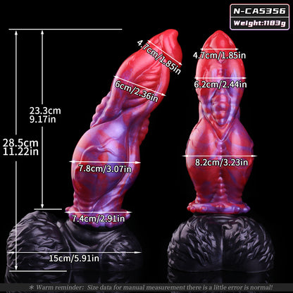 Obsidian Rift — Organic Muscle-Carved Fantasy Dog Dildo in Platinum Silicone, Crimson-Violet Marble, Spine Collar & Scale-Textured Testicle Base