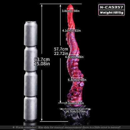 Abyssal Coil — Extra-Long Tentacle Fantasy Long Dildo in Platinum Silicone, Crimson-Violet Marble, Sucker Shaft & Kraken-Carved Suction Base