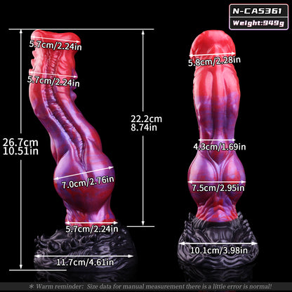 Void Fang — Curved Fantasy Dog Dildo in Platinum Silicone, Magenta-Violet Marble, Flared Trumpet Glans, Bilateral Spine Array, S-Curve Shaft, Ball Bulge & Fang-Crown Suction Base
