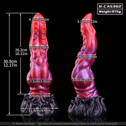 Abyssal Coil — Octopus Tentacle Fantasy Dildo in Platinum Silicone, Crimson-Violet Marble, Sucker Array, Multi-Lobe Shaft, Knot & Tentacle-Crown Suction Base