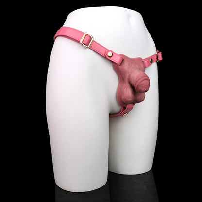 Leather Strap On Realistic Male Chastity Cage – Flesh Silicone Erection Control Chastity Pants
