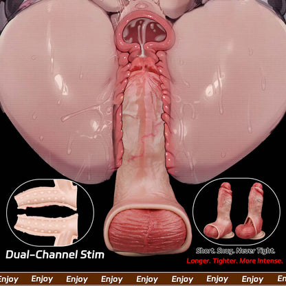 Muscle-Flex Dual-Channel Realistic Cock Sleeve — Platinum Silicone Penis Extender for Longer, Thicker Performance