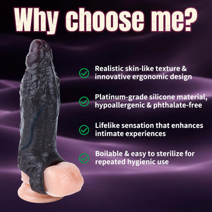 Realistic Silicone Penis Sleeve & Extender - Wearable Girth Enhancer with Delay Cock Ring