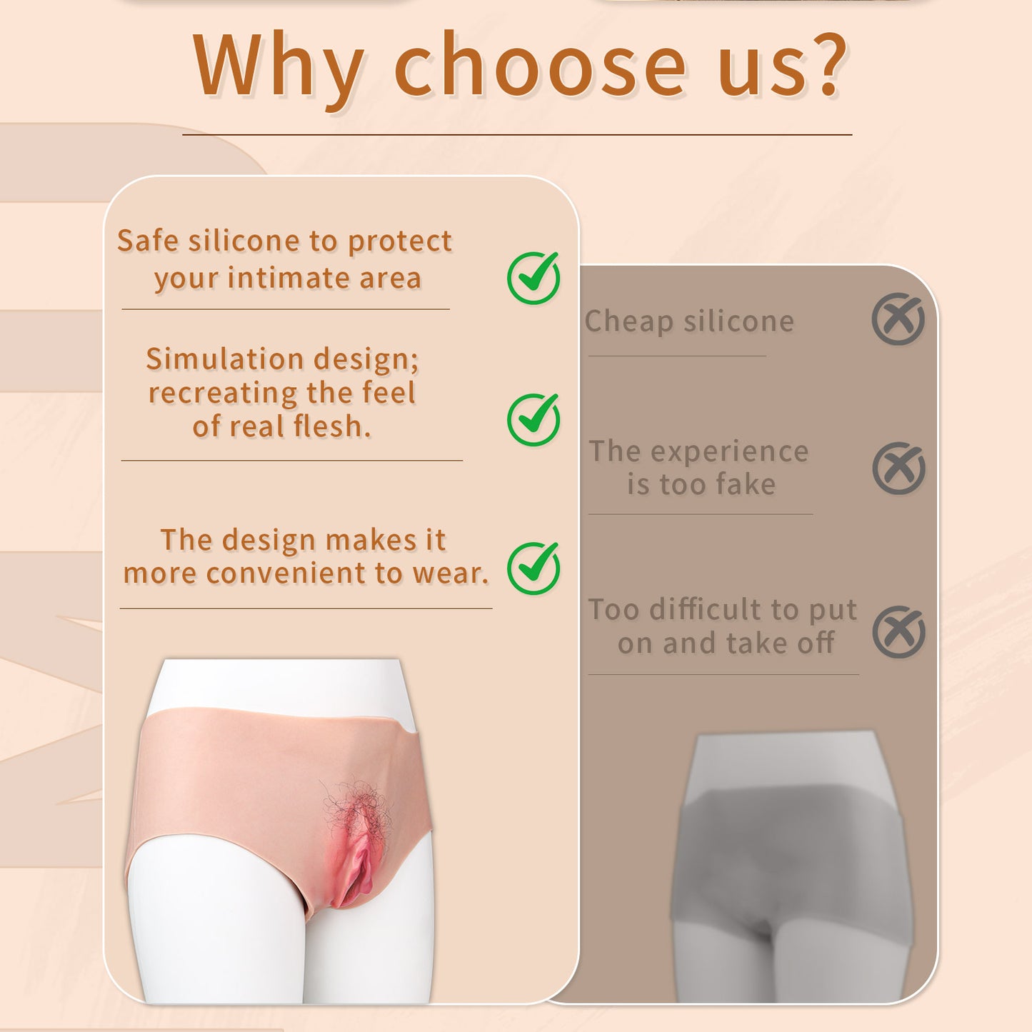 Rooted-Hair Silicone Pussy Panties with Penetrable Channel — Wearable Fake Vagina for Realistic Couples Play