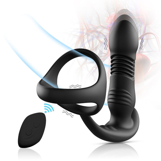Remote Control Thrusting Dildo Anal Vibrator - Double Cock Ring Male Sex Toys