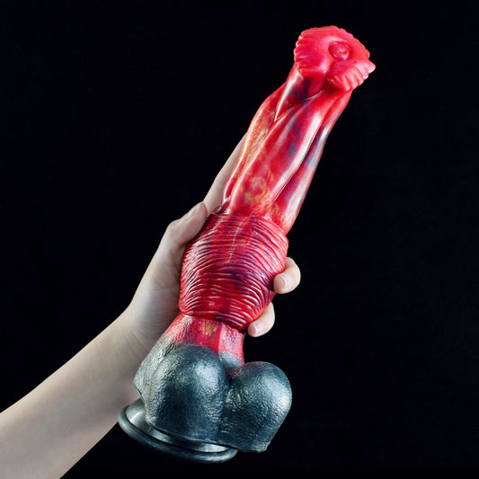 Domlust Feuerdrache Pferde-Dildo – Premium Platin-Silikon | Pferde-Knoten | Blutroter Marmor | Geformter Sockel