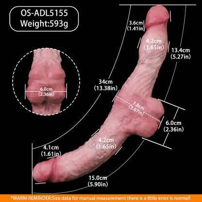 Symmetric Double Dildo with Centre Testicle — Realistic Platinum Silicone Dual-Ended Dildo with Twisted Vein Texture for Lesbian & Couples Play