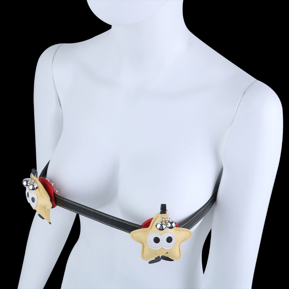 Star and Ladybug Nipple Clamps with Bell and Spike Accents – Adjustable Leather Erotic Jewelry