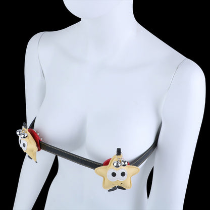 Star and Ladybug Nipple Clamps with Bell and Spike Accents – Adjustable Leather Erotic Jewelry