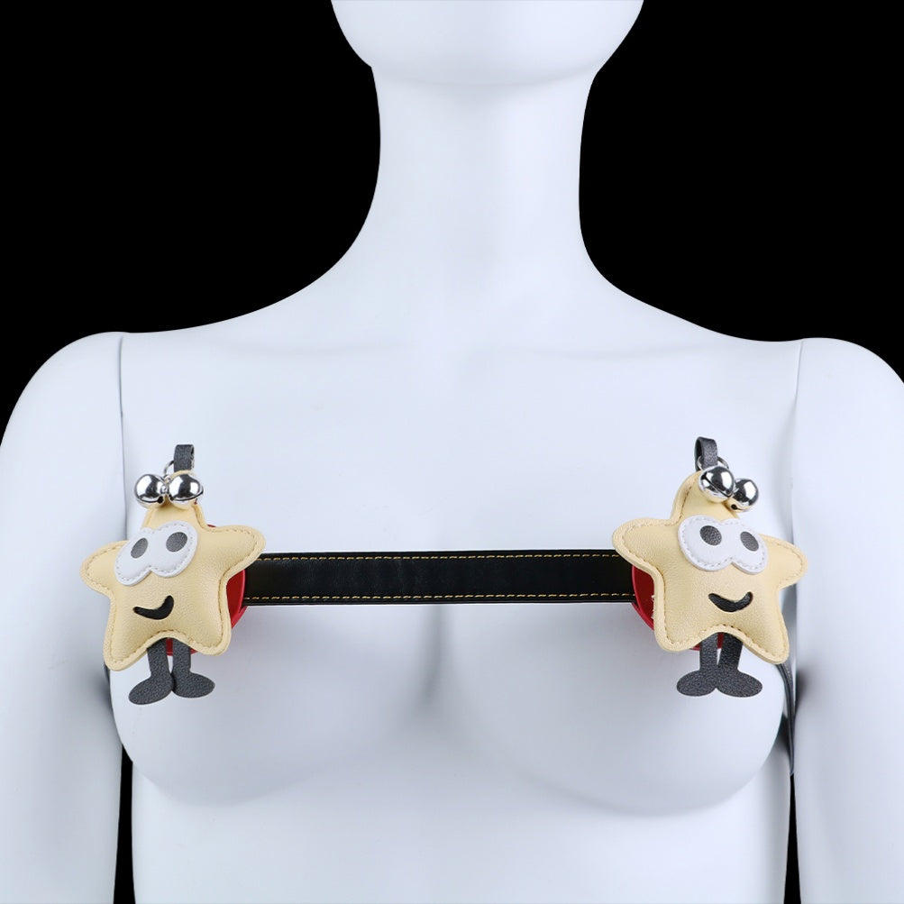 Star and Ladybug Nipple Clamps with Bell and Spike Accents – Adjustable Leather Erotic Jewelry