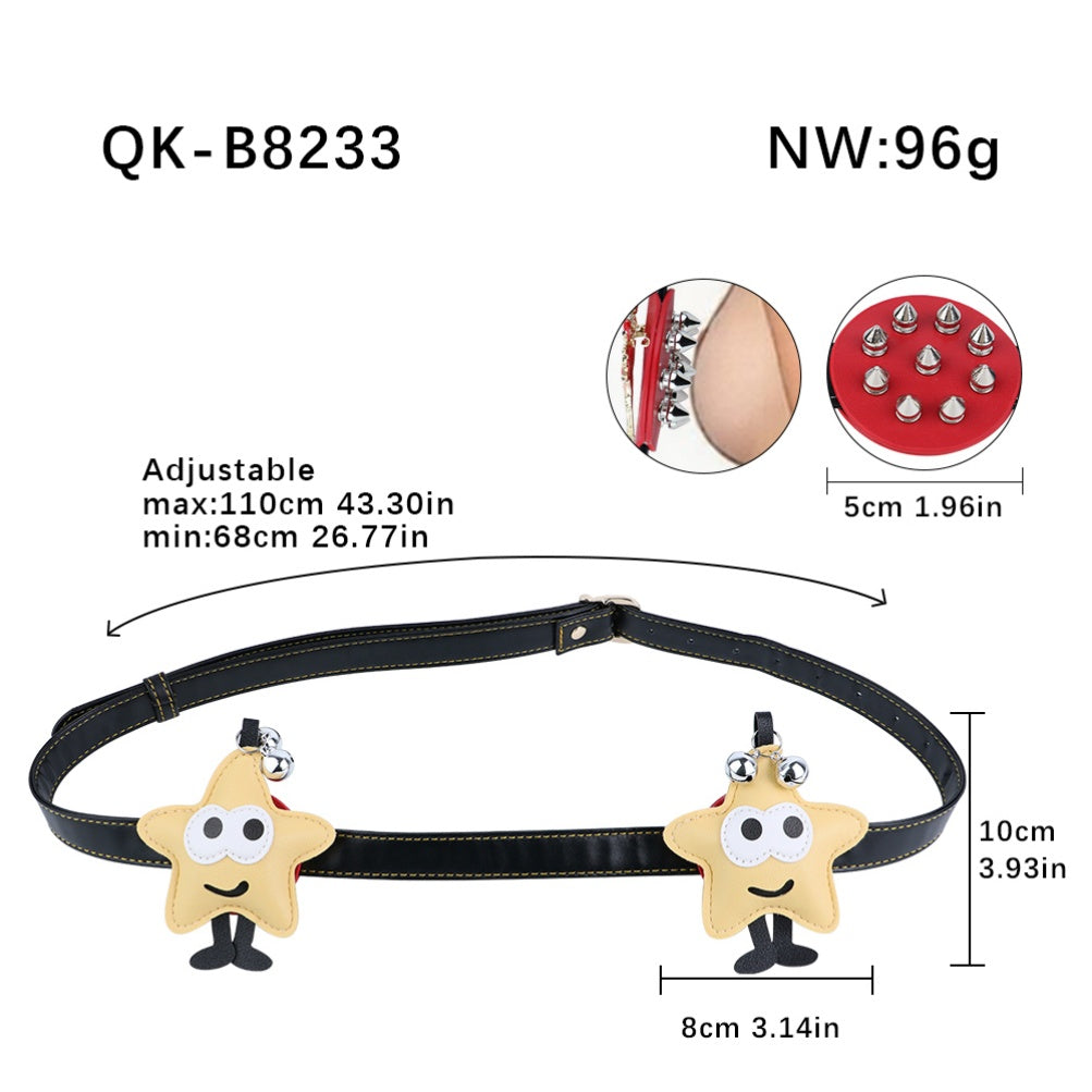 Star and Ladybug Nipple Clamps with Bell and Spike Accents – Adjustable Leather Erotic Jewelry