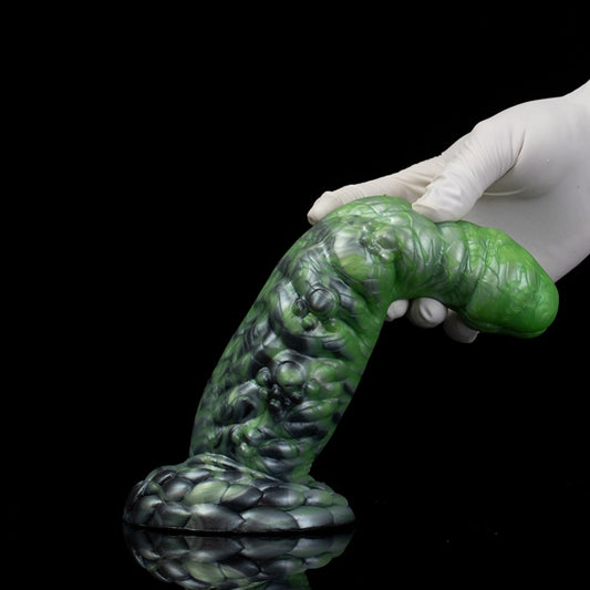 Domlust Spiraldrachen-Dildo – Platin-Silikon Grüner Schuppen-Fantasy-Toy mit Saugnapf