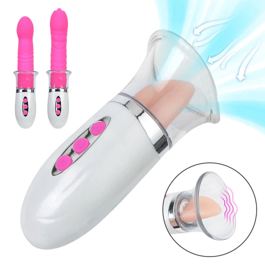 Tongue Clit Vibrator - Changeable Nipple Clamps Thrusting Vibrating Dildo Sex Toys