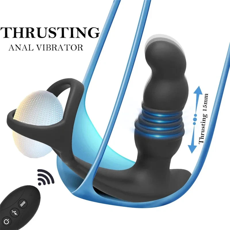 Remote Control Thrusting Dildo Male Sex Toys - Vibrating Cock Ring Prostate Massager