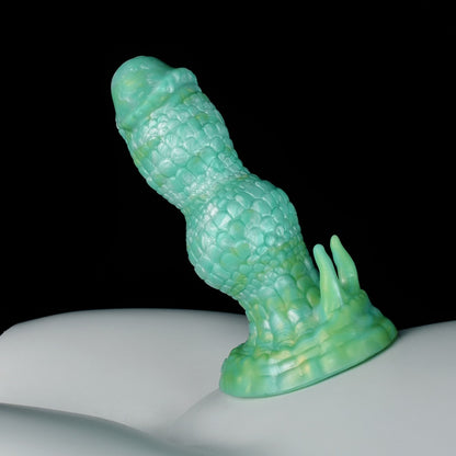 Female Strap-On Fantasy Dildo Suction Butt Plug - Green Dragon Scale Silicone Realistic Feel Sex Toys