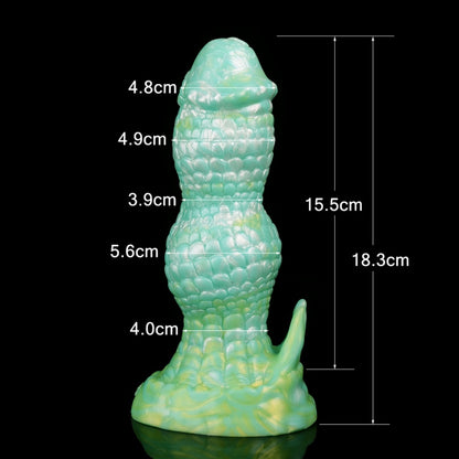 Female Strap-On Fantasy Dildo Suction Butt Plug - Green Dragon Scale Silicone Realistic Feel Sex Toys