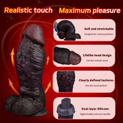 Realistic Dual-Layer Black Dildo-G-Spot Expanding Thick Shaft with Movable Foreskin & Strong Suction Cup