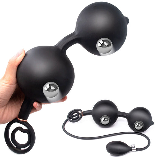 Inflatable Dildo Anal Plug - Dual Steel Ball Build-in Resizable Butt Plug Sex Toys for Men Women