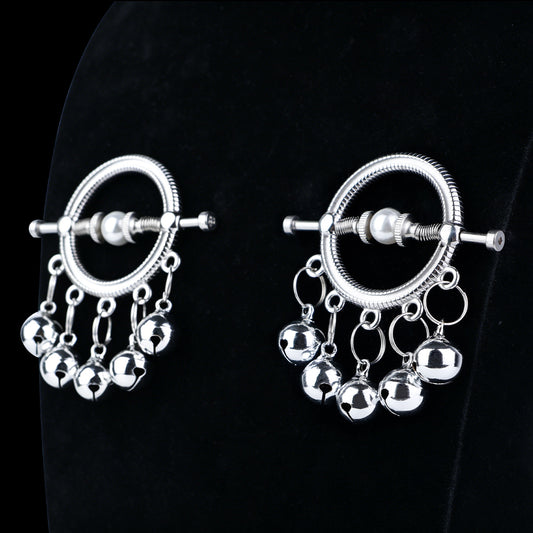 Bell-Drop Ring Nipple Clamps with Hanging Bells — Adjustable Spring Clamp for Sensory BDSM Play