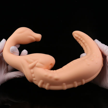 Double-Headed Vibrating Monster Dildo Strap-On – Platinum Silicone G-Spot Toy for Lesbian Couples