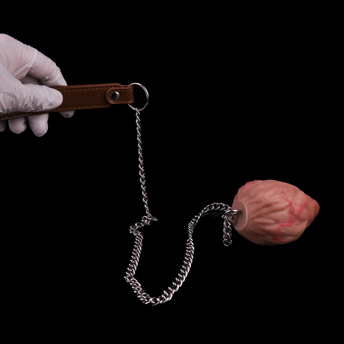 Realistic Silicone Anal Egg Butt Plug with Steel Chain & Leather Pull Strap — Multi-Use Anal Toy for Vaginal, Anal & Oral Play