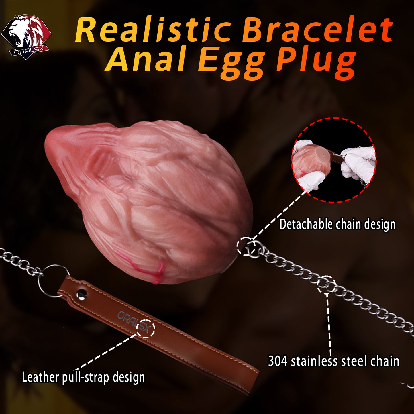 Realistic Silicone Anal Egg Butt Plug with Steel Chain & Leather Pull Strap — Multi-Use Anal Toy for Vaginal, Anal & Oral Play