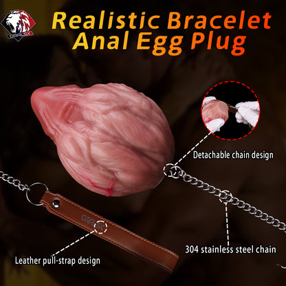 Realistic Silicone Anal Egg Butt Plug with Steel Chain & Leather Pull Strap — Multi-Use Anal Toy for Vaginal, Anal & Oral Play