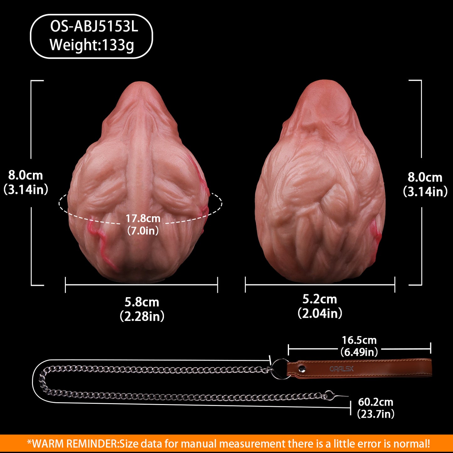 Realistic Silicone Anal Egg Butt Plug with Steel Chain & Leather Pull Strap — Multi-Use Anal Toy for Vaginal, Anal & Oral Play