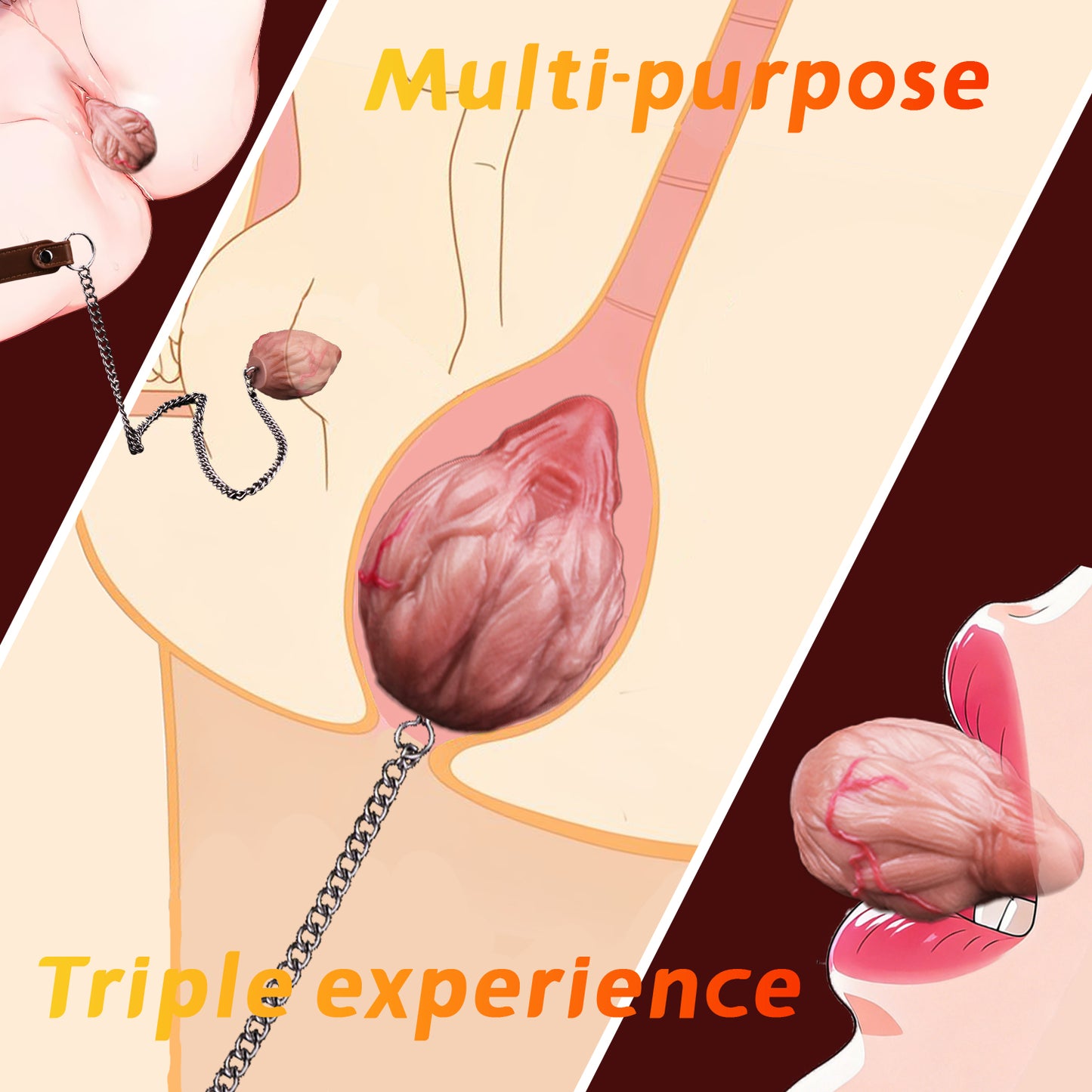 Realistic Silicone Anal Egg Butt Plug with Steel Chain & Leather Pull Strap — Multi-Use Anal Toy for Vaginal, Anal & Oral Play