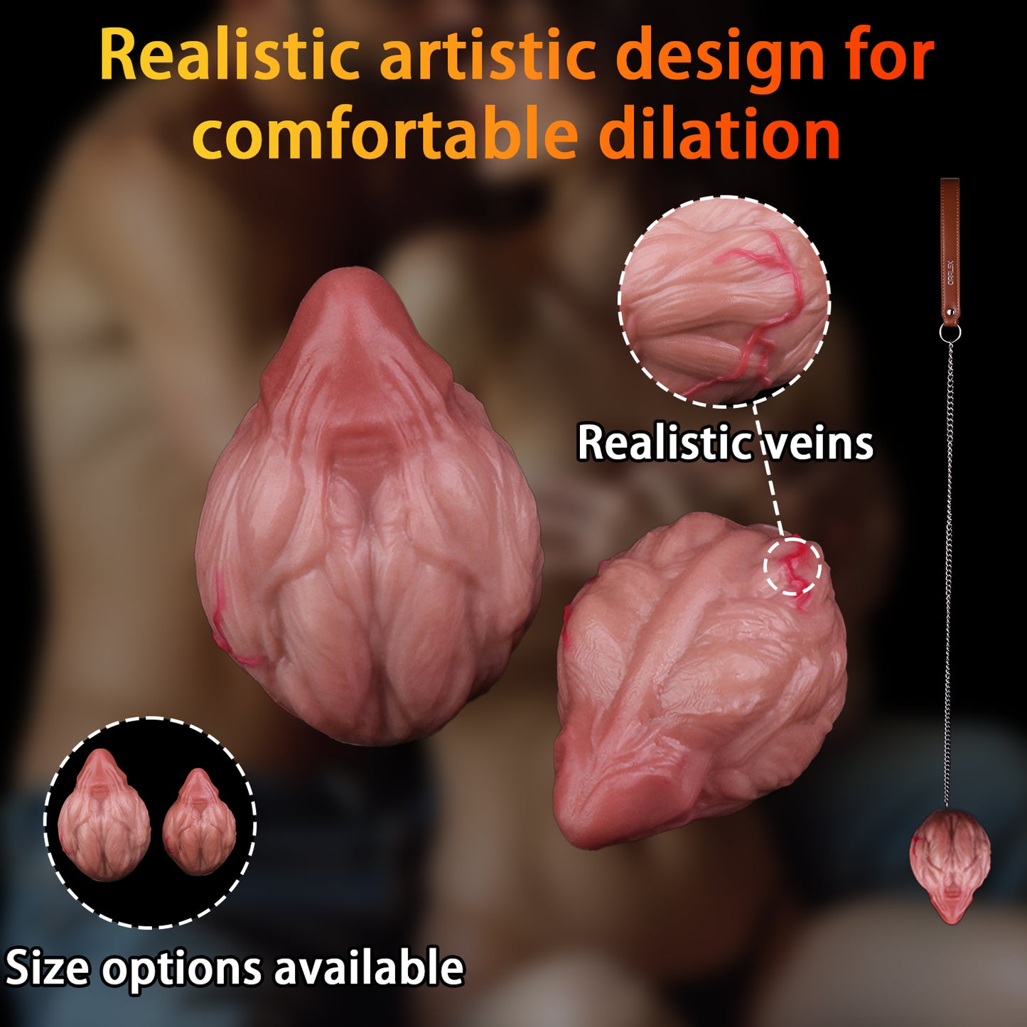Realistic Silicone Anal Egg Butt Plug with Steel Chain & Leather Pull Strap — Multi-Use Anal Toy for Vaginal, Anal & Oral Play