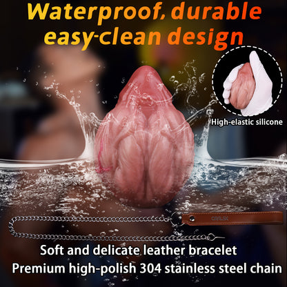 Realistic Silicone Anal Egg Butt Plug with Steel Chain & Leather Pull Strap — Multi-Use Anal Toy for Vaginal, Anal & Oral Play