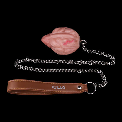Realistic Silicone Anal Egg Butt Plug with Steel Chain & Leather Pull Strap — Multi-Use Anal Toy for Vaginal, Anal & Oral Play